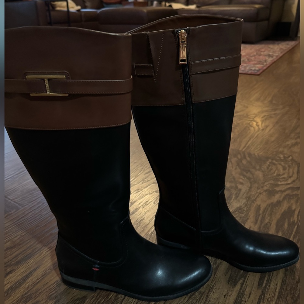 Tommy Hilfiger Black and Brown Women's Riding boots